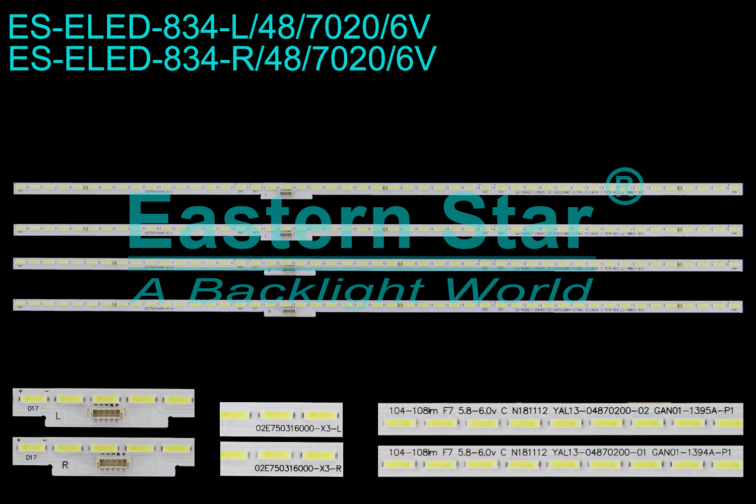 ES-ELED-834 ELED/EDGE TV backlight use for 75''  Xiaomi L75M5-AB R:02E750316000-X3-R 104-108lm F7 5.8-6.0v C N181112 YAL13-04870200-02 GAN01-1395A-P1 L:02E750316000-X3-L 104-108lm F7 5.8-6.0v N181112 YAL13-04870200-01 GAN01-1394A-P1  TV LED BAR(4)